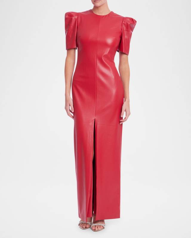 Puff-Sleeve Faux Leather Column Gown